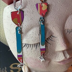 Colorful vintage tin & tiny silver horse Dangle Earrings